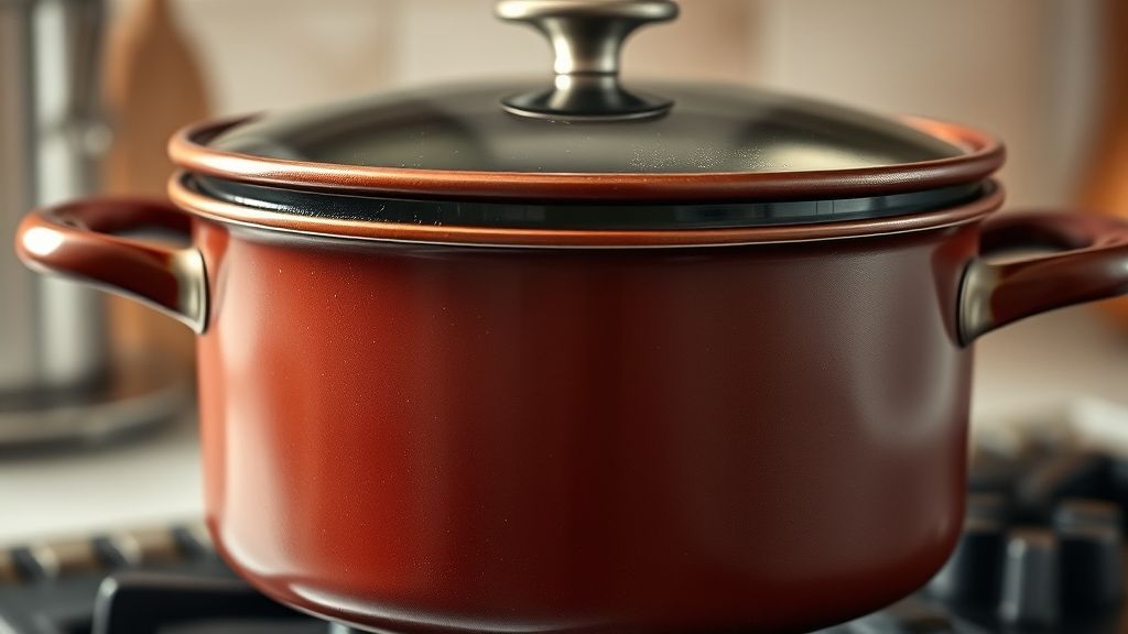 A large Dutch oven with a fitted lid, gently simmering on a low heat setting on a stovetop. A faint wisp of steam is visible from under the lid, indicating the chili is slowly cooking and flavors are developing. Soft, ambient kitchen lighting.