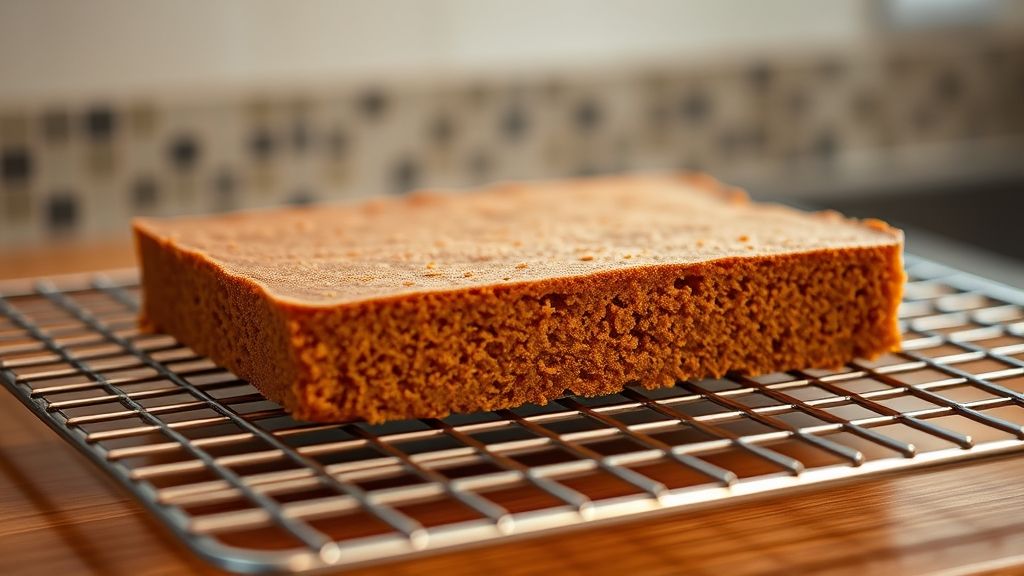 Two thin, rectangular pumpkin cake layers are shown resting on wire cooling racks set on a countertop. One layer is partially inverted, revealing its smooth bottom. Steam might be subtly rising, indicating they are in the process of cooling.