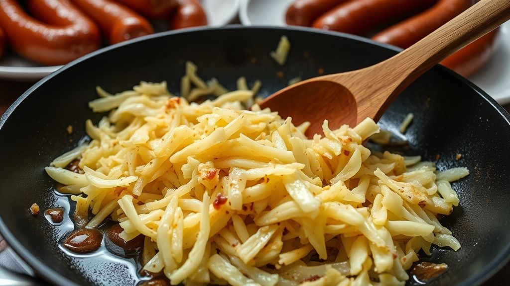 A nonstick skillet containing residual glaze, with a generous portion of sauerkraut freshly added and being stirred gently with a wooden spoon. The sauerkraut is absorbing the rich flavors from the pan. In the background, the glazed brats are visible on a plate, covered and kept warm. A beautiful serving platter awaits the finished sauerkraut and brats.