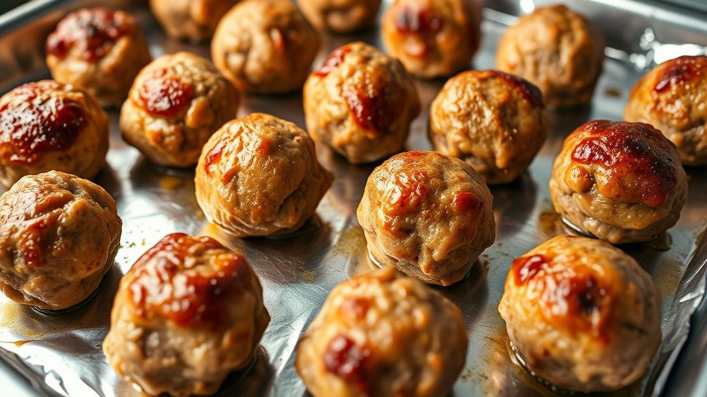 A batch of lightly browned, perfectly cooked meatballs on a foil-lined sheet pan, fresh out of the oven. They have a slight golden crust and are still glistening.