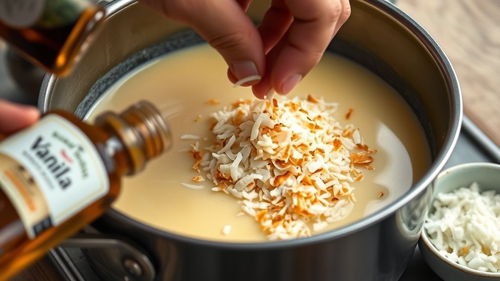 Ein mittelgroßer Topf, jetzt von der Hitze genommen, mit dem dicken Pudding. Eine Hand fügt 3/4 Tasse der frisch gerösteten Kokosnussflocken in den Pudding hinzu, während eine Flasche Vanilleextrakt in der Nähe sichtbar ist, was darauf hindeutet, dass er gerade hinzugefügt wurde. Die beiseite gelegten Kokosnussflocken sind in einer kleinen Schüssel neben dem Topf.