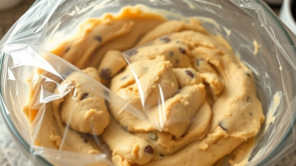 Cookie dough covered with plastic wrap, chilling in the refrigerator