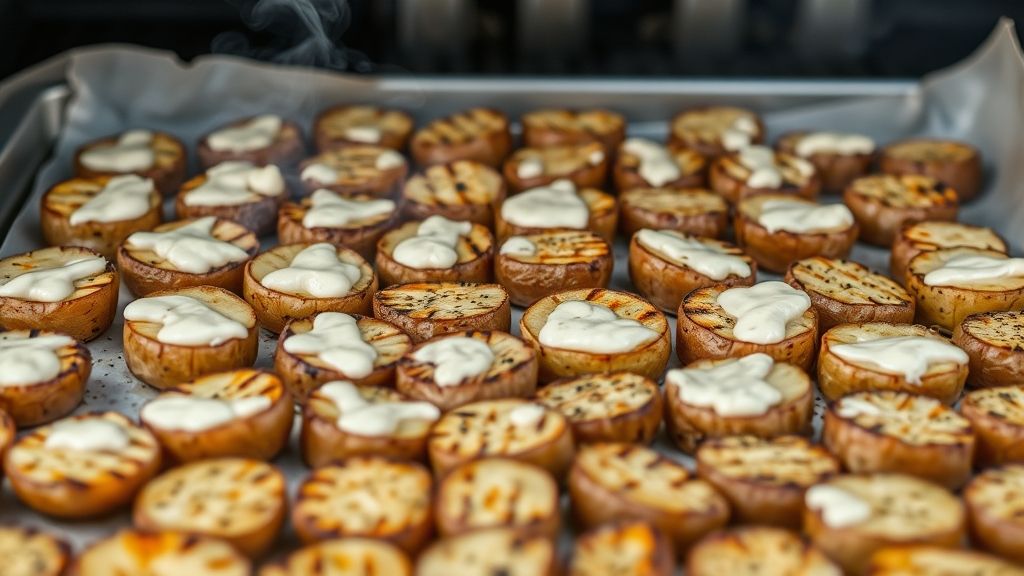 Grillen der mit Mayonnaise überzogenen Kartoffeln auf einem Backblech