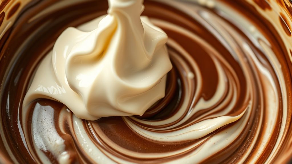 Un gros plan ultra-serré de crème fouettée blanche moelleuse délicatement incorporée au mélange de fromage à la crème et de chocolat noir, montrant l'effet marbré juste avant qu'il ne soit complètement combiné. L'esthétique est propre et chaude avec des tons jaune doré, dans un format d'écran large 16:9, mettant l'accent sur le processus de mélange doux et les textures crémeuses.