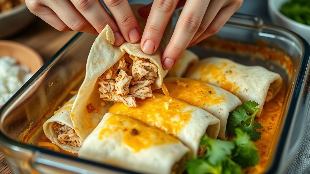 Roulage des enchiladas au poulet et disposition dans le plat à four