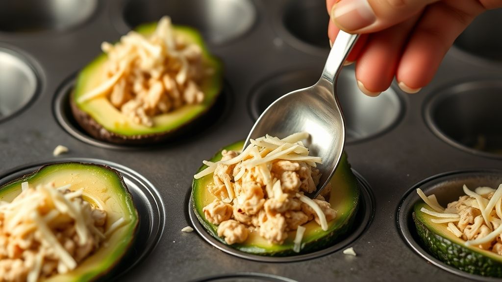 Garnissage des moitiés d'avocat avec le mélange au poulet et topping au parmesan dans des caisses à muffins