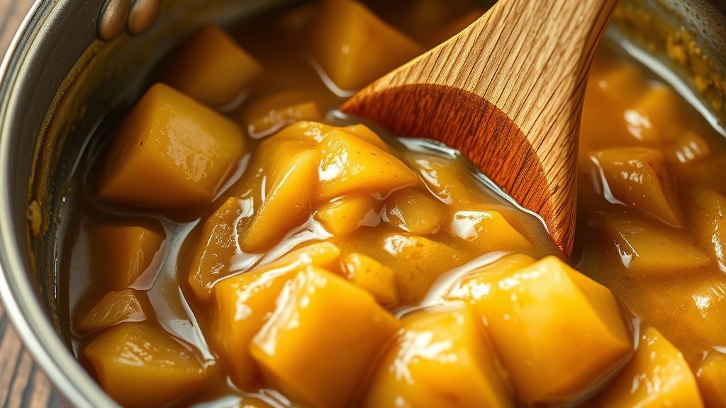 Ultra-close-up, photorealistic, 16:9 shot of the apple mixture in the saucepan, now visibly thicker and clinging to the apple pieces. A wooden spoon is actively stirring, creating satisfying streaks in the viscous, golden-hued filling. Warm, diffused golden yellow light enhances the texture, no text.