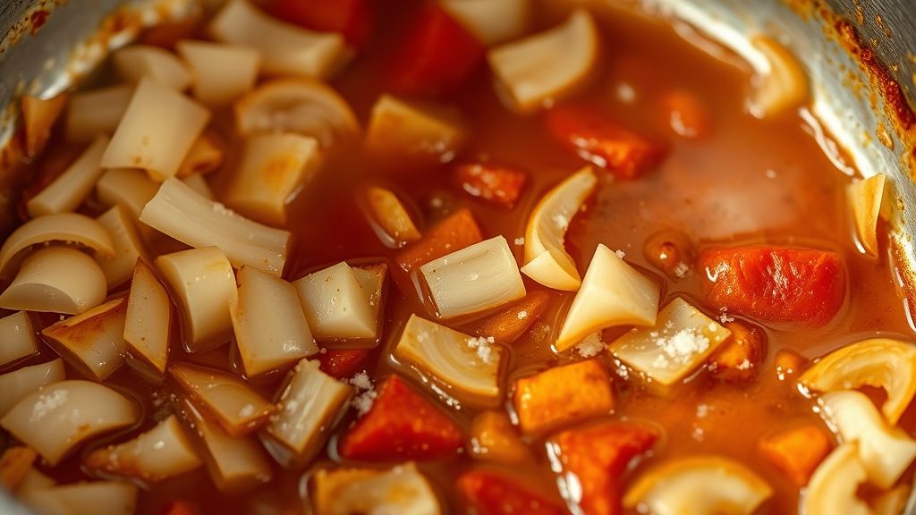 Primerísimo plano dentro de la olla, mostrando cebolla Vidalia finamente picada y dientes de ajo en láminas chisporroteando suavemente en la grasa dorada residual del chorizo, sazonados con una pizca de sal y pimienta. Fotorealista, pantalla panorámica 16:9.
