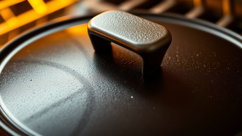 Ultra-close-up, photorealistic shot of a covered cast iron skillet, perhaps with a slight blur to suggest it's about to enter a warm oven. The focus is on the tight seal of the lid, promising tender results. Warm golden yellow (#fdc754) lighting. 16:9 widescreen.