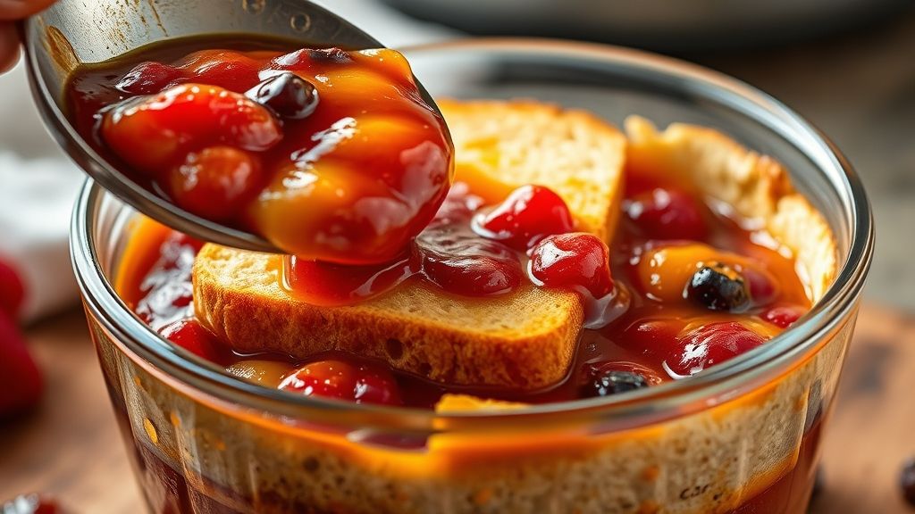 Ultra-Nahaufnahme, fotorealistisches 16:9-Bild der lebendigen, gekochten Fruchtmischung, die vorsichtig in die mit Brot ausgekleidete Puddingschüssel gelöffelt wird. Die Oberseite der Fruchtschicht wird dann mit zwei weiteren mit Saft getränkten Brotscheiben bedeckt, wodurch eine ordentliche, goldgelb hervorgehobene Oberfläche entsteht.