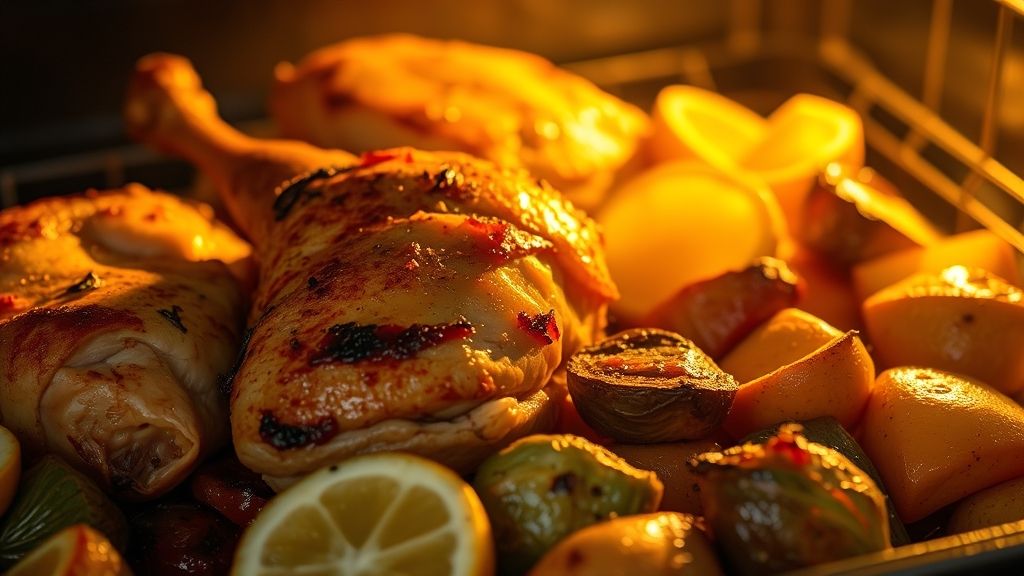 A tempting, 16:9 photorealistic close-up of the chicken and vegetables roasting in the oven, showing golden-brown chicken with slightly crisp edges, and tender, caramelized vegetables, some edges slightly charred, with lemon slices nestled amongst them. The scene glows with warm golden yellow light.