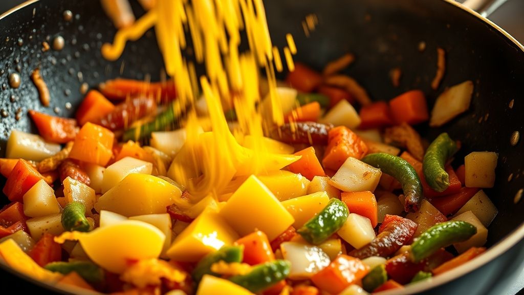 Ultra-close-up, photorealistic 16:9 image of sliced scrambled eggs being quickly stirred into the colorful vegetables in a hot wok, showing the dynamic motion and texture. Golden-yellow (#fdc754) lighting. No text.