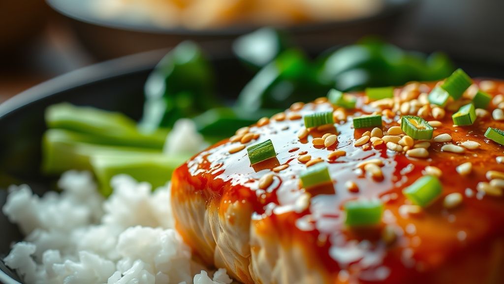 Artistic close-up of a finished Asian glazed salmon serving. White rice and vibrant green steamed Asian greens (like bok choy) are visible in the background, out of focus. The salmon is topped with toasted sesame seeds and finely chopped green onions, under a soft golden yellow (#fdc754) ambient light. 16:9 aspect ratio.