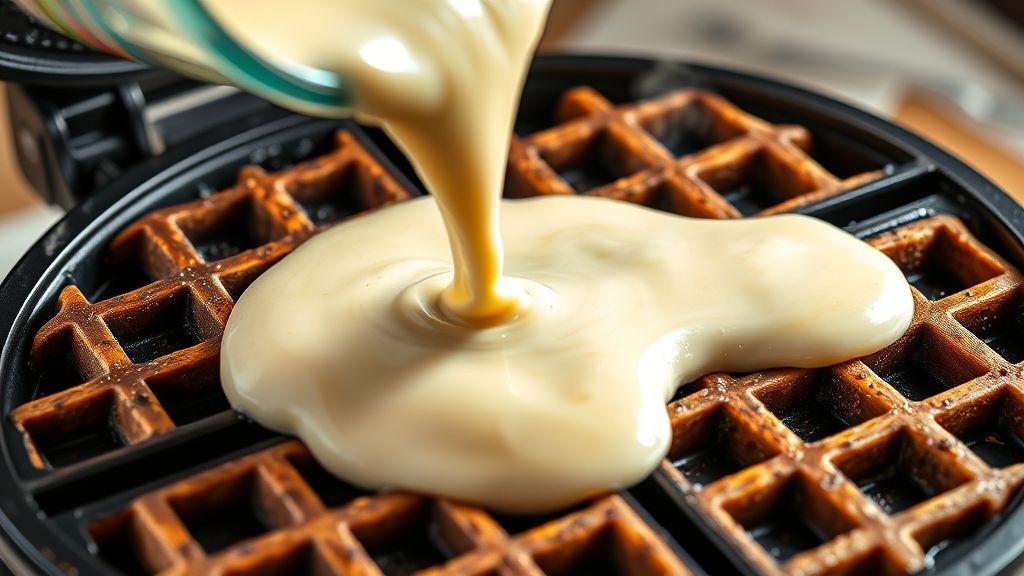 Thick, creamy waffle batter being poured from a measuring cup or ladle onto the hot, greased grates of an open waffle maker. The batter spreads slightly, and a subtle steam rises from the contact with the hot surface.