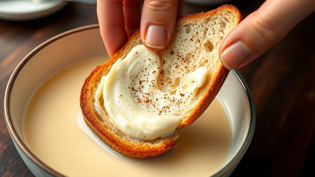 A hand gently dipping a cream cheese-stuffed slice of Italian bread into a wide, shallow bowl filled with the spiced egg and milk batter, ensuring full saturation before cooking.