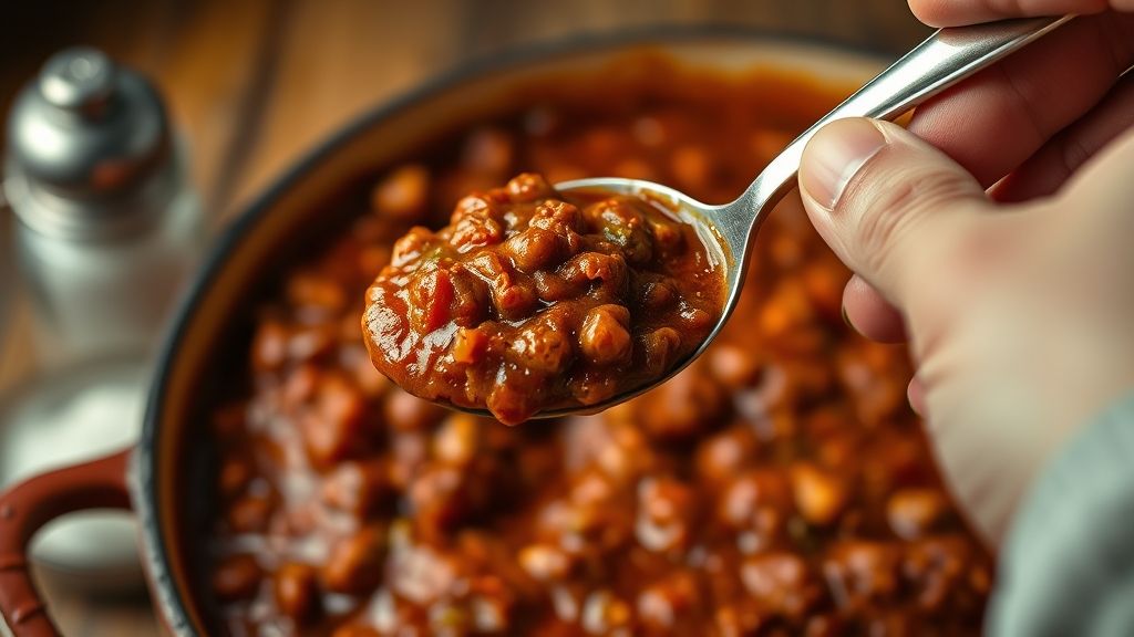 A close-up of the hearty chili in the Dutch oven, with a hand holding a spoon tasting a small portion for seasoning. A salt shaker and a black pepper grinder are blurred in the background, ready for adjustments. The chili has a rich, thick texture.