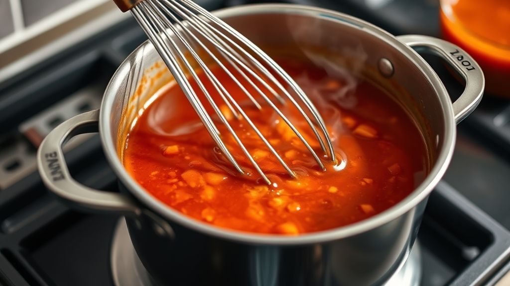 A saucepan on a stovetop, filled with gochujang, rice vinegar, soy sauce, Sriracha, maple syrup, and water, with a whisk actively combining the ingredients as it begins to simmer and thicken. Steam is subtly rising from the sauce.
