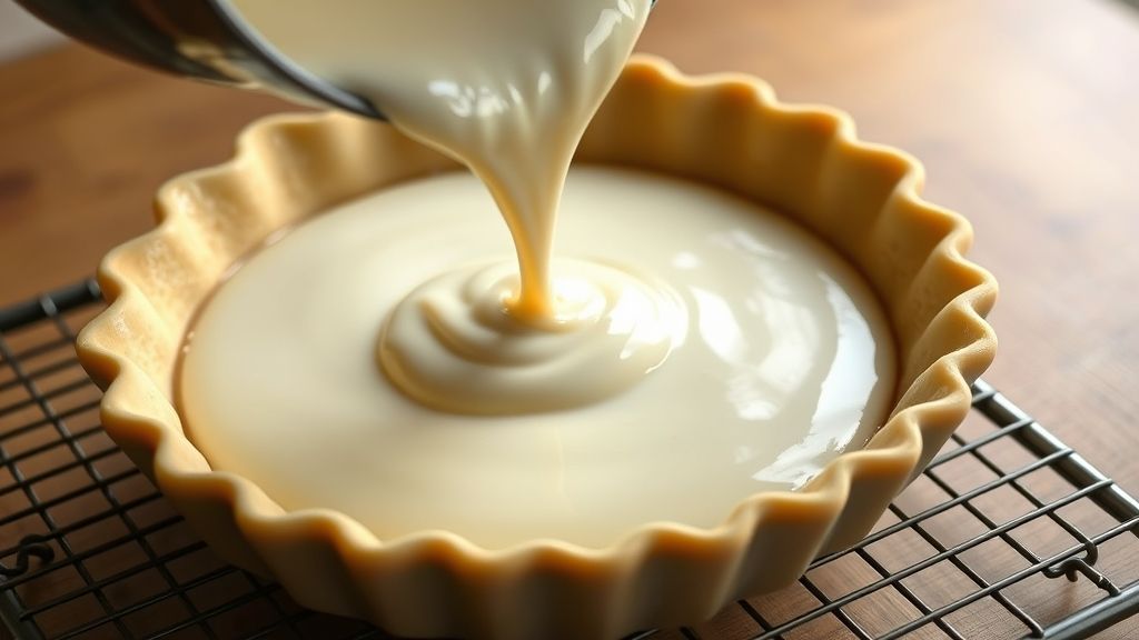 Ein glatter, cremiger Kokosnuss-Pudding wird vorsichtig in einen vorgebackenen 23-Zentimeter-Tortenboden gegossen und füllt ihn fast bis zum Rand. Die Tortenform steht auf einem Kühlrost.