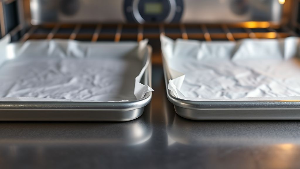 Baking sheets lined with parchment paper for cookies