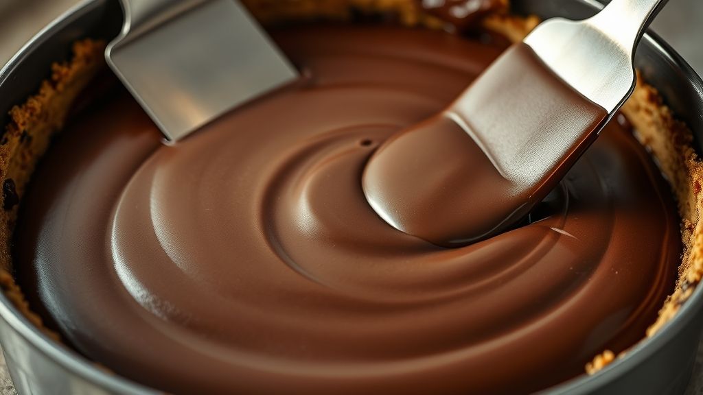 Un gros plan ultra-serré du mélange de cheesecake au chocolat noir lisse, étalé uniformément sur la croûte de biscuits dans un moule à charnière de 9 pouces avec une spatule. La surface est parfaitement de niveau, prête à être réfrigérée. L'éclairage est doux et chaud avec des accents jaune doré, dans un format d'écran large 16:9, mettant l'accent sur la finition impeccable.
