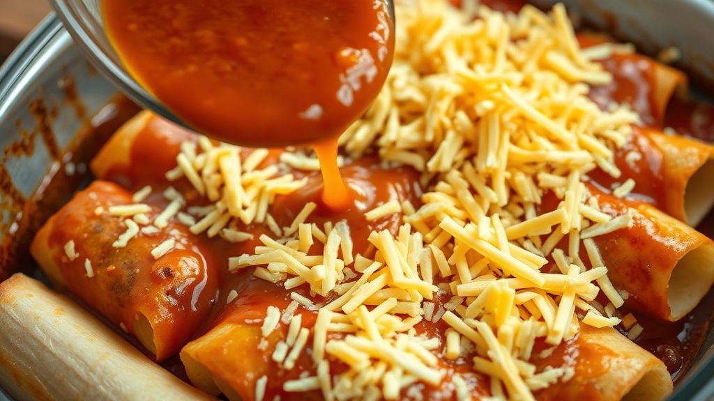 Nappage de la sauce et ajout de fromage sur les enchiladas