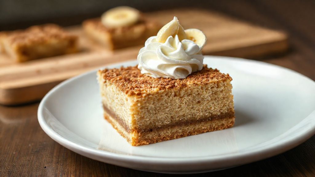 Barrita de tarta de aserrín decorada con nata montada y plátanos