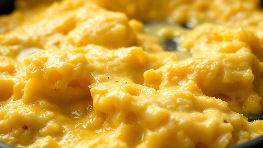 Ultra-close-up shot of light, fluffy scrambled eggs in a nonstick pan, perfectly set but still moist, with melted cheese incorporated throughout. Golden yellow tones, 16:9 widescreen.