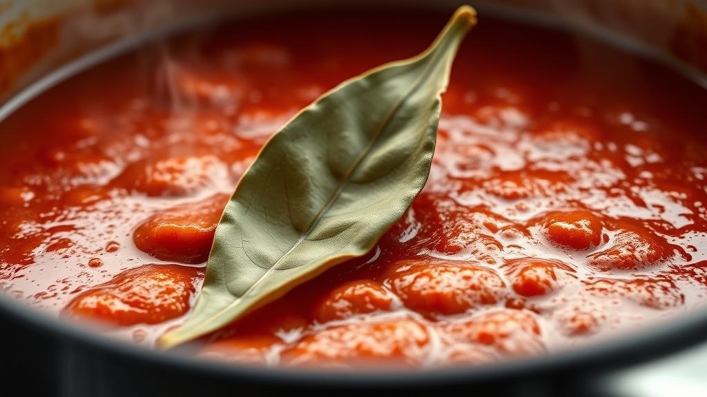 Ultra-Nahaufnahme, fotorealistisches 16:9-Bild eines großen Lorbeerblatts, das auf der Oberfläche einer reichhaltigen, neu kombinierten Tomatensauce in einem Bräter liegt. Die Sauce ist glatt, lebendig rot und köchelt sanft. Leichter Dampf steigt auf. Die Beleuchtung betont die Textur der Sauce mit goldgelben (#fdc754) Reflexionen.