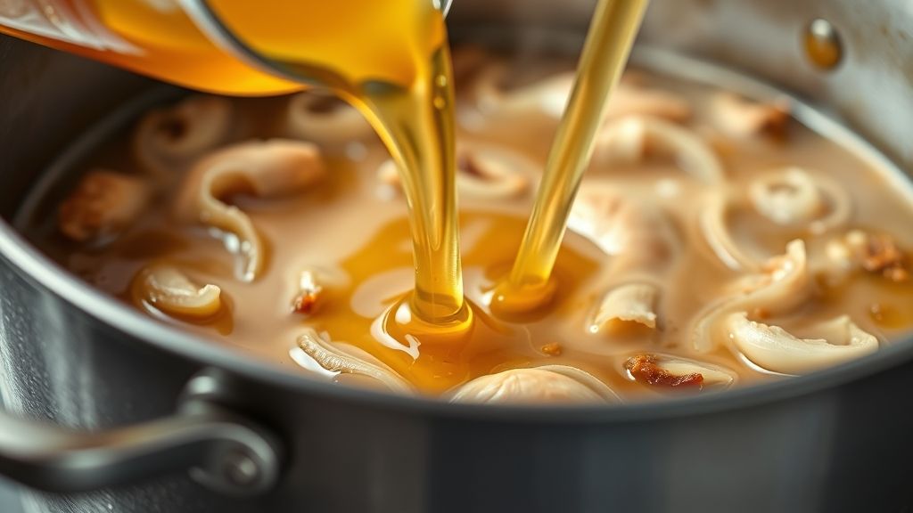 Primerísimo plano de un rico caldo de pollo dorado siendo vertido en la olla caliente con las cebollas y el ajo ablandados, creando una ráfaga de vapor mientras desglasa la sartén, levantando trozos marrones sabrosos. Fotorealista, pantalla panorámica 16:9.