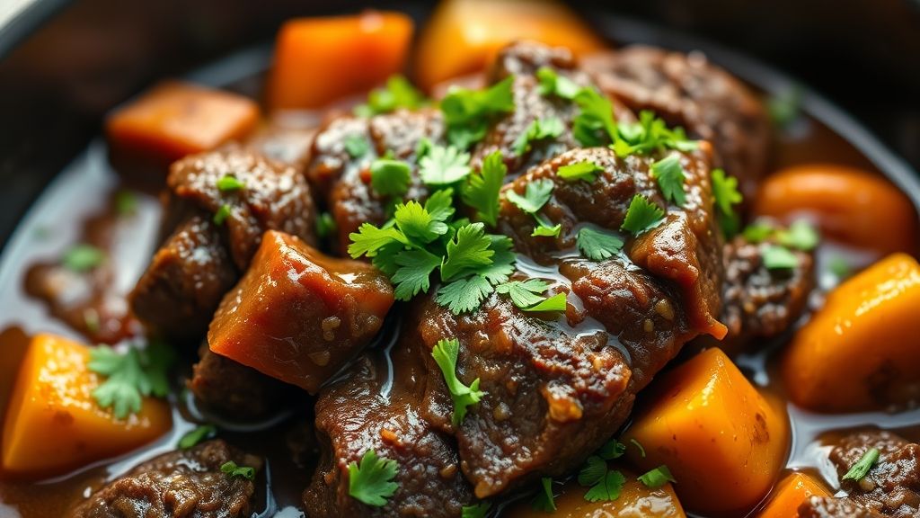 Ultra-close-up, photorealistic, enticing shot of the finished braised beef in the skillet, incredibly tender and glistening with rich sauce. It's garnished generously with fresh, vibrant chopped parsley, contrasting with the deep colors of the beef and vegetables. Warm golden yellow (#fdc754) lighting. 16:9 widescreen.