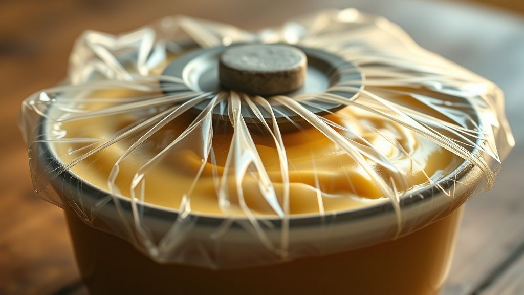 Ultra-Nahaufnahme, fotorealistisches 16:9-Bild der Puddingschüssel, die nun vollständig mit dem Frischhaltefolienüberhang bedeckt ist, mit einem kleinen Teller darauf, der mit einem kleinen Stein oder einer Dose beschwert ist, um den Pudding zu pressen. Der Fokus liegt auf der ordentlich verpackten Oberseite, die in ein sanftes goldgelbes Licht getaucht ist.