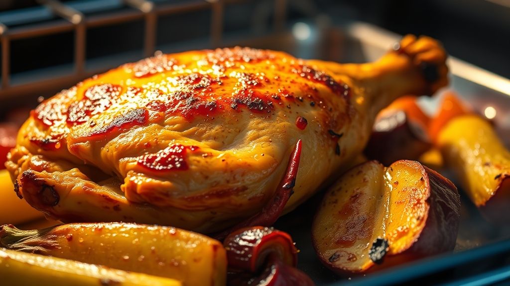 An ultra-close-up, 16:9 photorealistic detail shot of a section of the roasted chicken and vegetables under the broiler, showcasing the skin of the chicken turning a deeper golden brown and some vegetable edges crisping up beautifully, with intense golden yellow highlights and shadows.