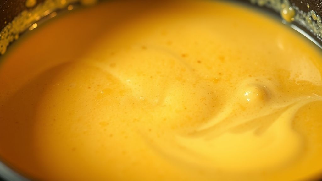 Ultra-close-up, photorealistic shot of a creamy, rich sauce simmering gently in a pan, showing its smooth, thickened consistency and light golden color, with a subtle golden yellow (#fdc754) ambiance. 16:9 widescreen aspect ratio, no text.