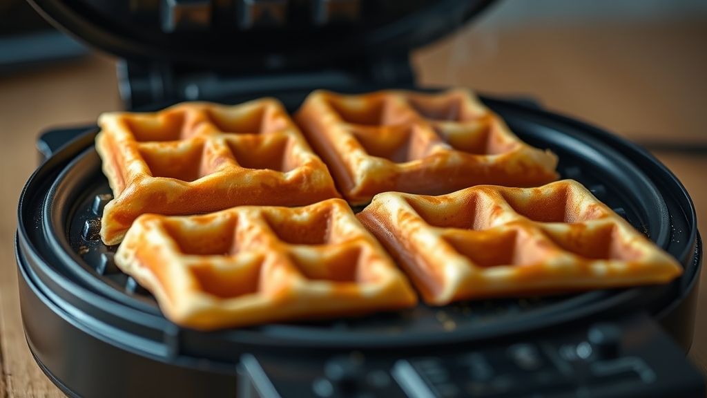 An open electric waffle maker revealing a perfectly cooked, golden-brown waffle with deep, crisp pockets. The waffle looks light and airy, ready to be removed. A subtle steam might still be rising.