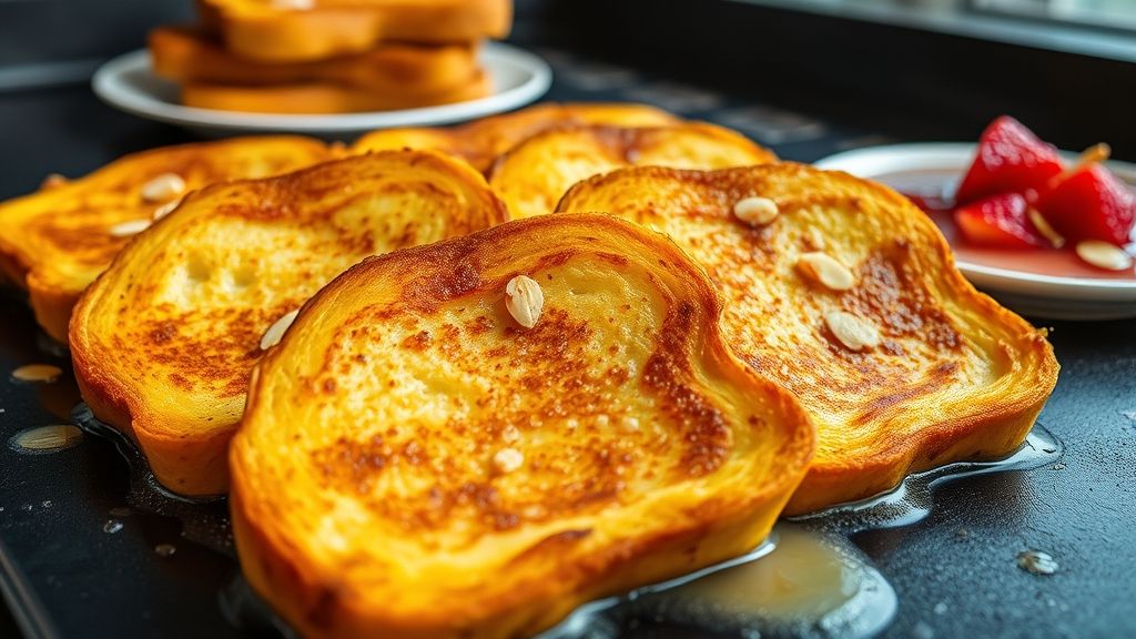 A professional-quality shot of several slices of golden-brown French toast sizzling on a hot griddle, with melted butter around them. The edges are perfectly crispy, and a stack of finished French toast with strawberry-almond topping is visible in the background on a plate.