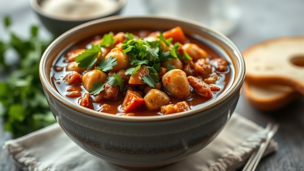 A beautifully presented bowl of steaming hot turkey and vegetable chili, generously garnished with vibrant fresh chopped cilantro. The bowl is placed on a simple, inviting surface, ready to be enjoyed. The focus is on the delicious, comforting meal.