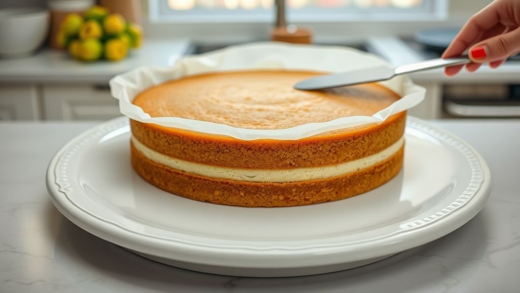 A large, elegant white ceramic serving platter is centrally placed on a clean kitchen counter, ready for the cake assembly. The initial layer of cake is carefully being transferred onto the platter using parchment paper or an offset spatula.