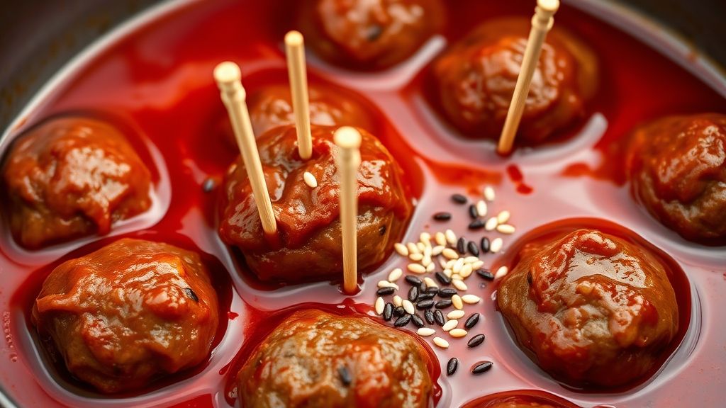 Cooked meatballs coated in a thick, glossy red sauce, simmering gently in a saucepan. A few toothpicks are artfully placed on top, and a sprinkle of white and black sesame seeds is visible, ready for serving.