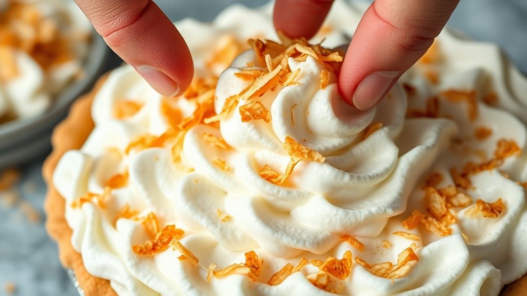 Eine vollständig gekühlte Kokosnuss-Sahne-Torte, großzügig mit fluffigem weißem Schlagsahnetopping bedeckt. Eine Hand streut die beiseite gelegten goldbraunen gerösteten Kokosnussflocken über das Schlagsahnetopping.