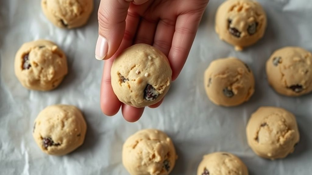 Portioning and flattening cookie dough balls on a baking sheet
