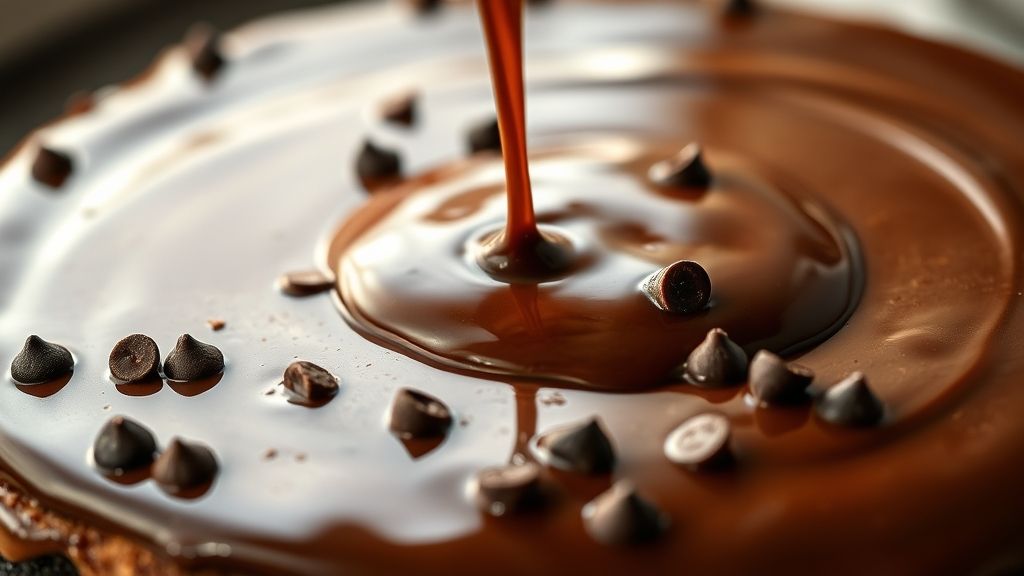Un gros plan ultra-serré d'une couche épaisse et brillante de ganache au chocolat versée sur le dessus du cheesecake au double chocolat réfrigéré, avec une dispersion de pépites de chocolat noir. L'image est riche et décadente, avec des reflets jaune doré sur le chocolat, dans un format d'écran large 16:9.