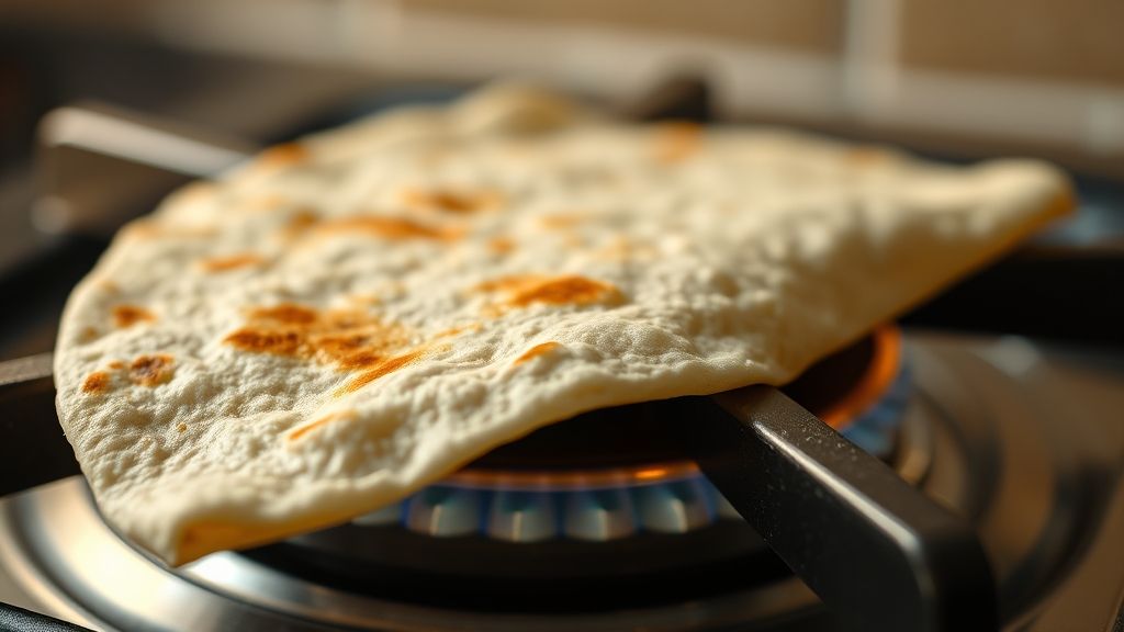 Ultra-close-up shot of a flour tortilla heating directly on a stovetop burner, showing slight browning and bubbling, with a warm, pliable texture. Golden yellow tones, 16:9 widescreen.