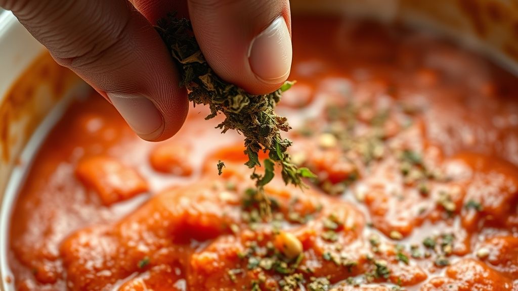 Ultra-Nahaufnahme, fotorealistisches 16:9-Bild einer Hand, die getrockneten Basilikum und Oregano zwischen den Fingerspitzen reibt, wobei die duftenden Kräuter leicht in eine köchelnde Tomatensauce darunter rieseln. Die Textur der getrockneten Kräuter ist sichtbar und die Szene hat einen rustikalen, warmen goldgelben (#fdc754) Farbton.
