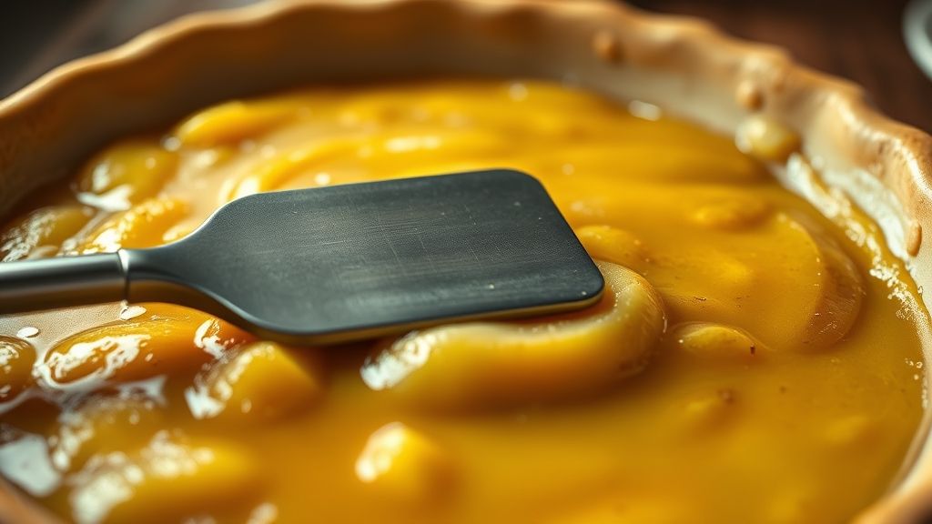 Ultra-close-up, photorealistic, 16:9 shot of the warm, thick apple pie filling spread evenly on a large, cool ceramic plate. A spatula has just smoothed the surface, ready for refrigeration. The golden yellow tone highlights the cooked fruit's color, no text.