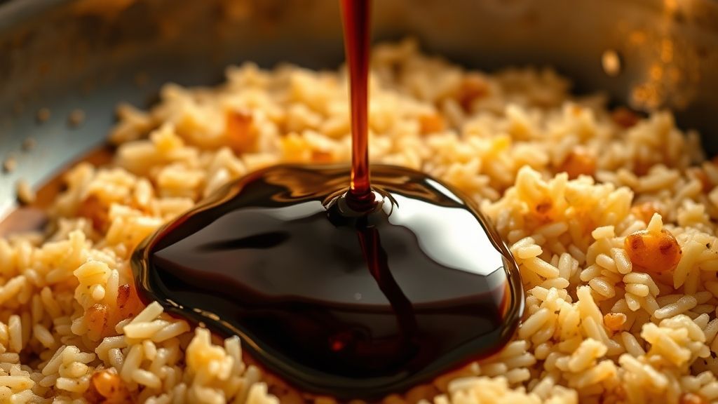 Ultra-close-up, photorealistic 16:9 image of dark soy sauce being drizzled over the fried rice in the wok, creating a rich sheen on the grains, with golden-yellow (#fdc754) ambient light. No text.