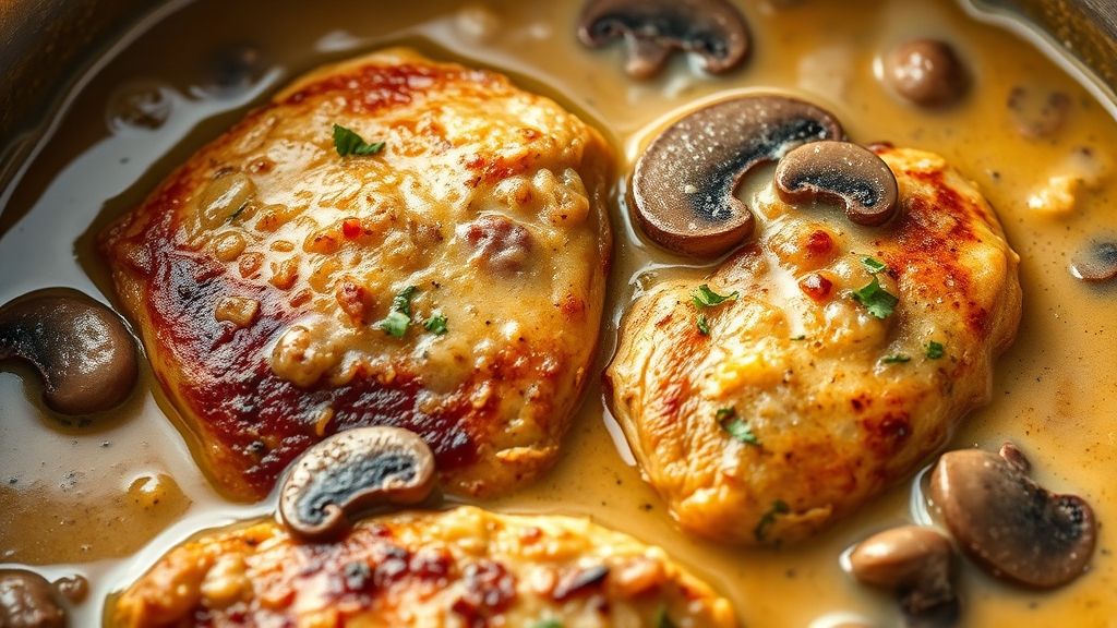 Ultra-close-up, photorealistic shot of the cooked golden-brown chicken cutlets being gently nestled into the simmering, creamy mushroom sauce, showing the sauce coating the chicken beautifully. Golden yellow (#fdc754) light. 16:9 widescreen aspect ratio, no text.
