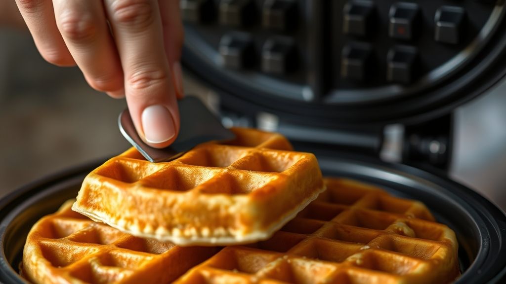 A hand gently lifting a freshly cooked, golden-brown waffle from the waffle maker using a heat-resistant spatula. The waffle is intact and visibly crispy, ready for plating and toppings.