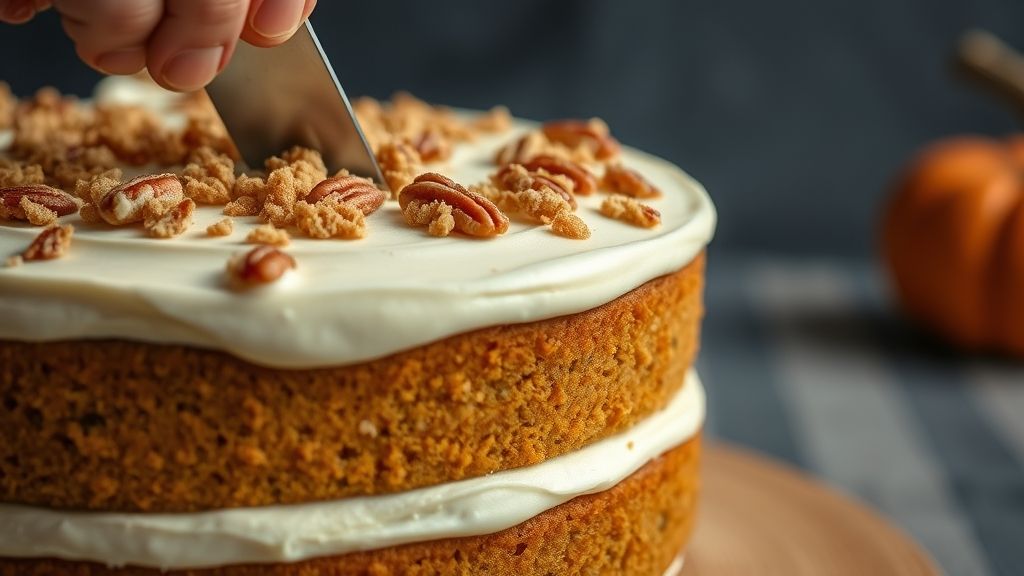 A close-up side view of the pumpkin layer cake being assembled. A smooth layer of cream cheese frosting is spread evenly over a cake layer, followed by a generous sprinkle of golden toffee pecan crumble. A new cake layer is being gently positioned on top.