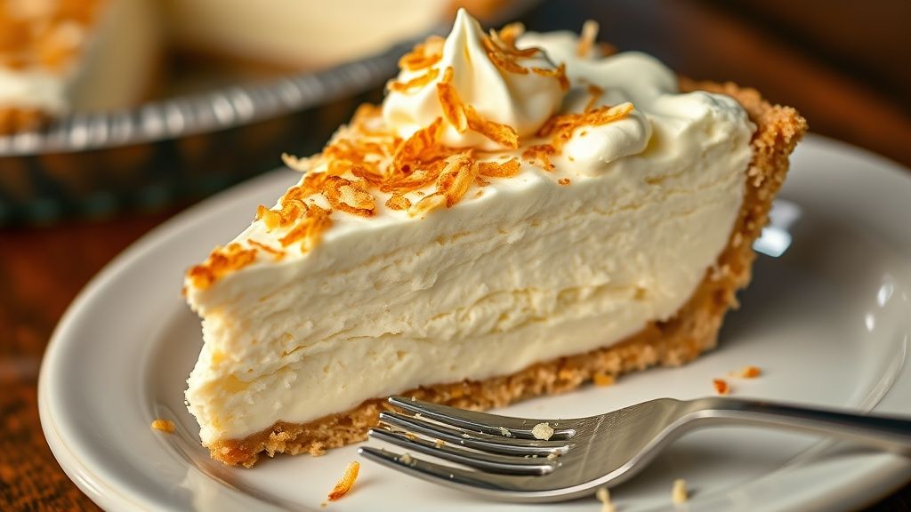 Eine Nahaufnahme, ein einladendes Bild eines perfekt geschnittenen Stücks klassischer Kokosnuss-Sahne-Torte auf einem Dessertteller, bereit zum Verzehr. Die Schichten aus Kruste, cremigem Füllung, Schlagsahnetopping und gerösteten Kokosnussflocken sind deutlich sichtbar. Eine Dessertgabel ist daneben platziert.