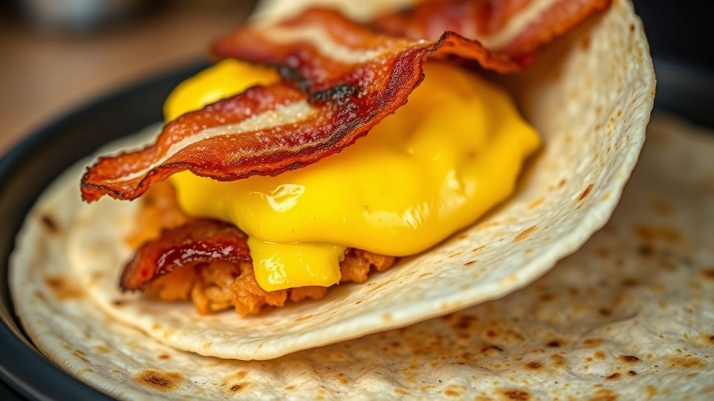 Ultra-close-up shot of a hashbrown patty, fluffy scrambled eggs, and crisp bacon being layered onto a warm flour tortilla, ready for wrapping. Golden yellow tones, 16:9 widescreen.